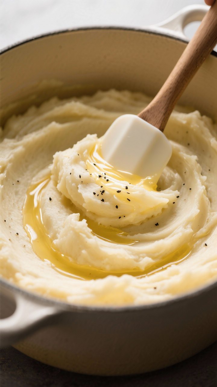 Butter-first incorporation detail: Silky mashed potatoes in a heavy-bottomed pot, melted golden butt