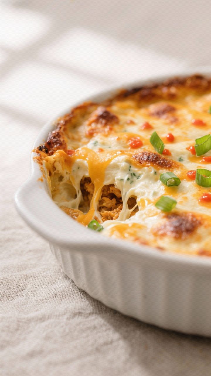Close-up detail: A bubbling, oven-baked Buffalo Chicken Dip just pulled from the oven, with molten c