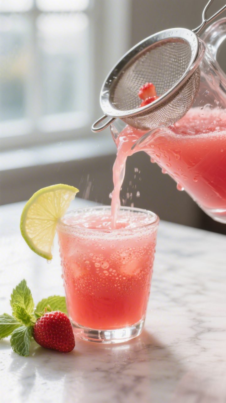 Close-up detail: A chilled glass of strawberry agua fresca mid-pour from a clear pitcher, liquid str