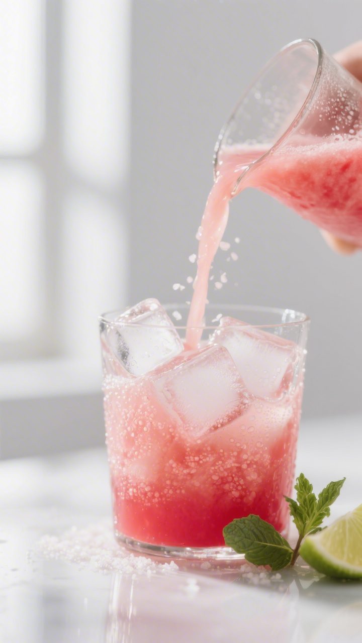 Close-up detail: A chilled glass pitcher pouring ultra-smooth watermelon juice over clinking ice cub
