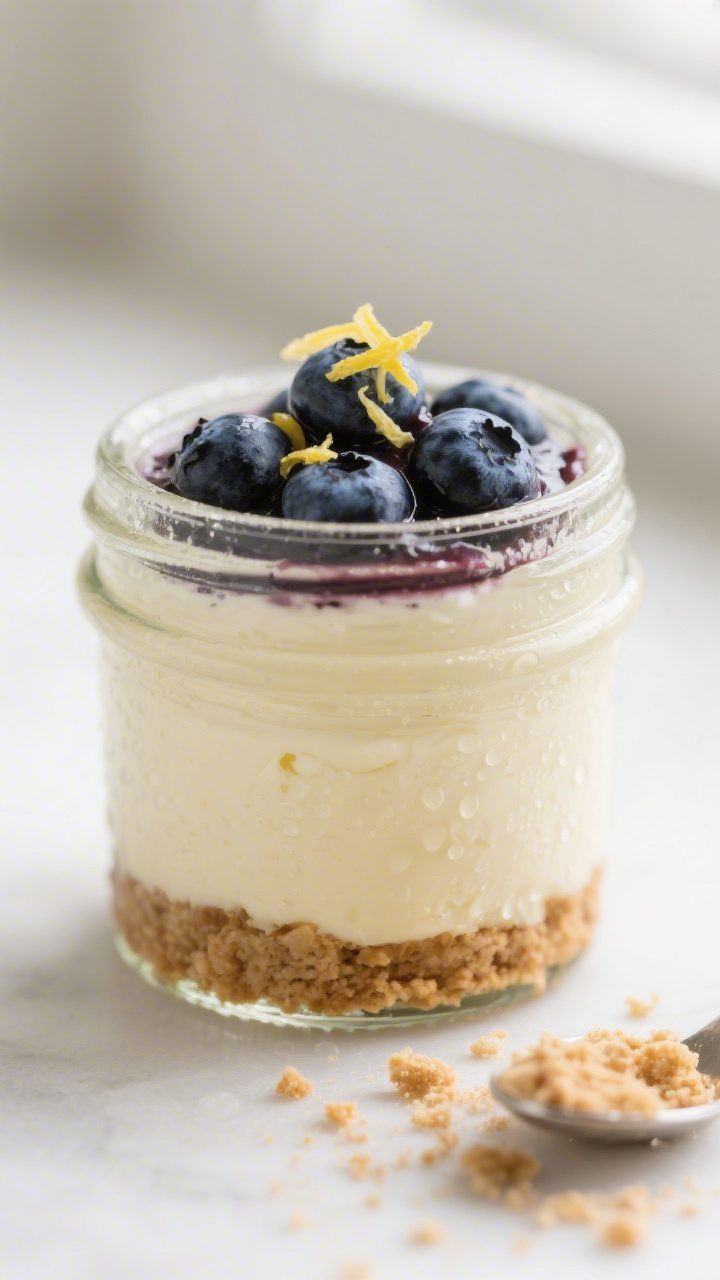 Close-up detail: A chilled no-bake mini cheesecake jar with a tightly packed graham cracker crust an