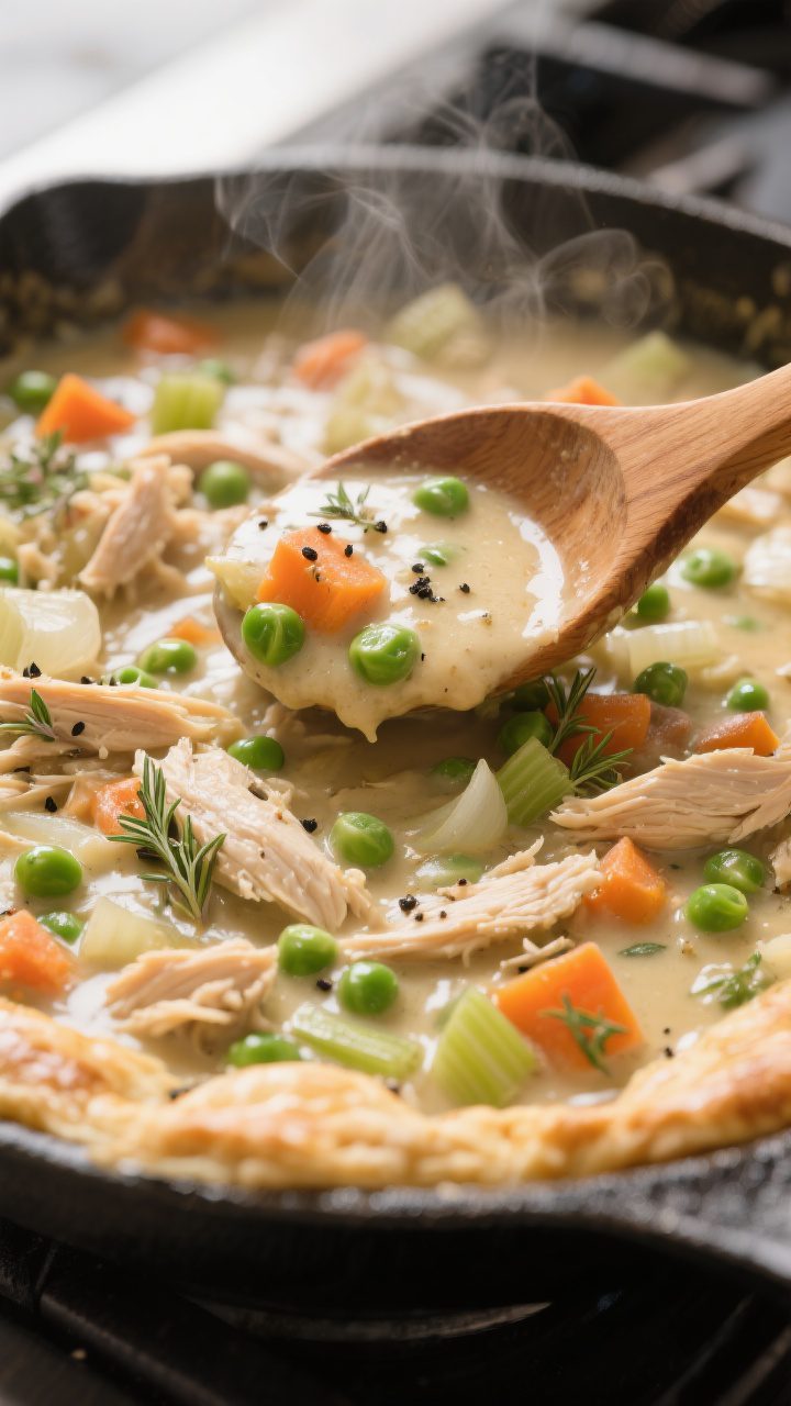 Close-up detail: A creamy chicken pot pie filling simmering in a skillet, showing tender shredded ch