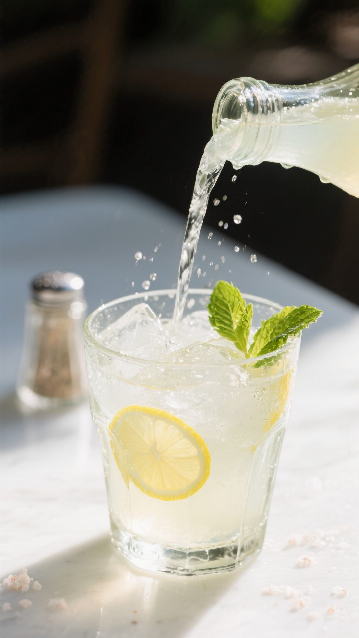 Close-up detail: A crystal-clear glass of classic homemade lemonade being poured over ice, catching