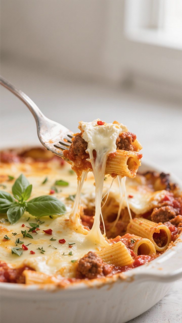 Close-up detail: A fork lifting a gooey bite of baked ziti with mozzarella from the casserole, showi