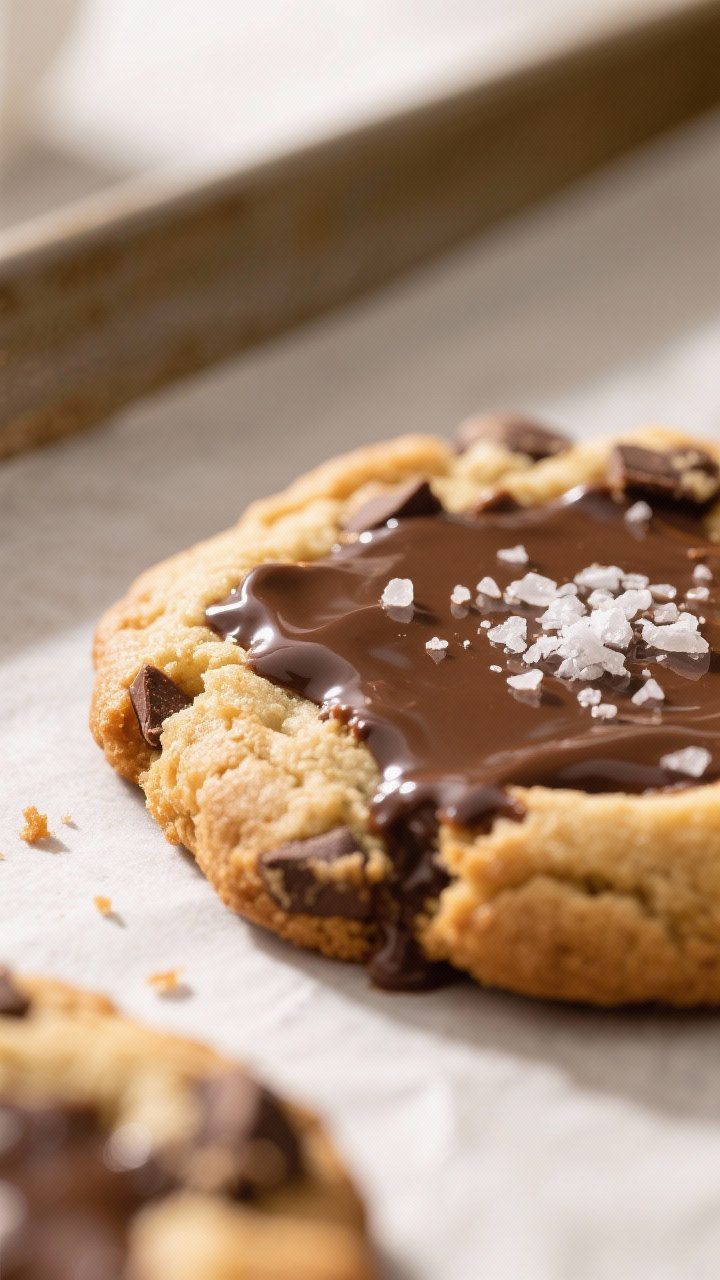 Close-up detail: A freshly baked chocolate chip cookie just out of the oven with glossy, melted choc