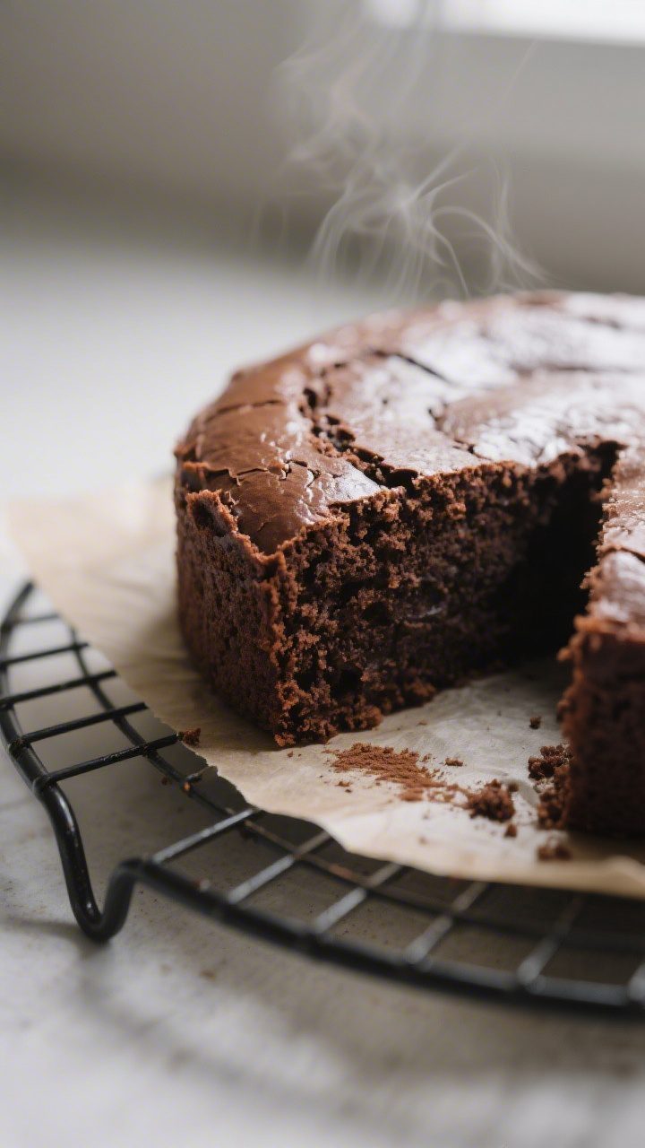 Close-up detail: A freshly baked one-bowl chocolate cake just out of the pan, cooling on a wire rack