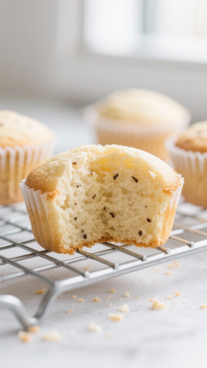 Close-up detail: A freshly baked vanilla cupcake sliced in half to show the soft, moist crumb with t