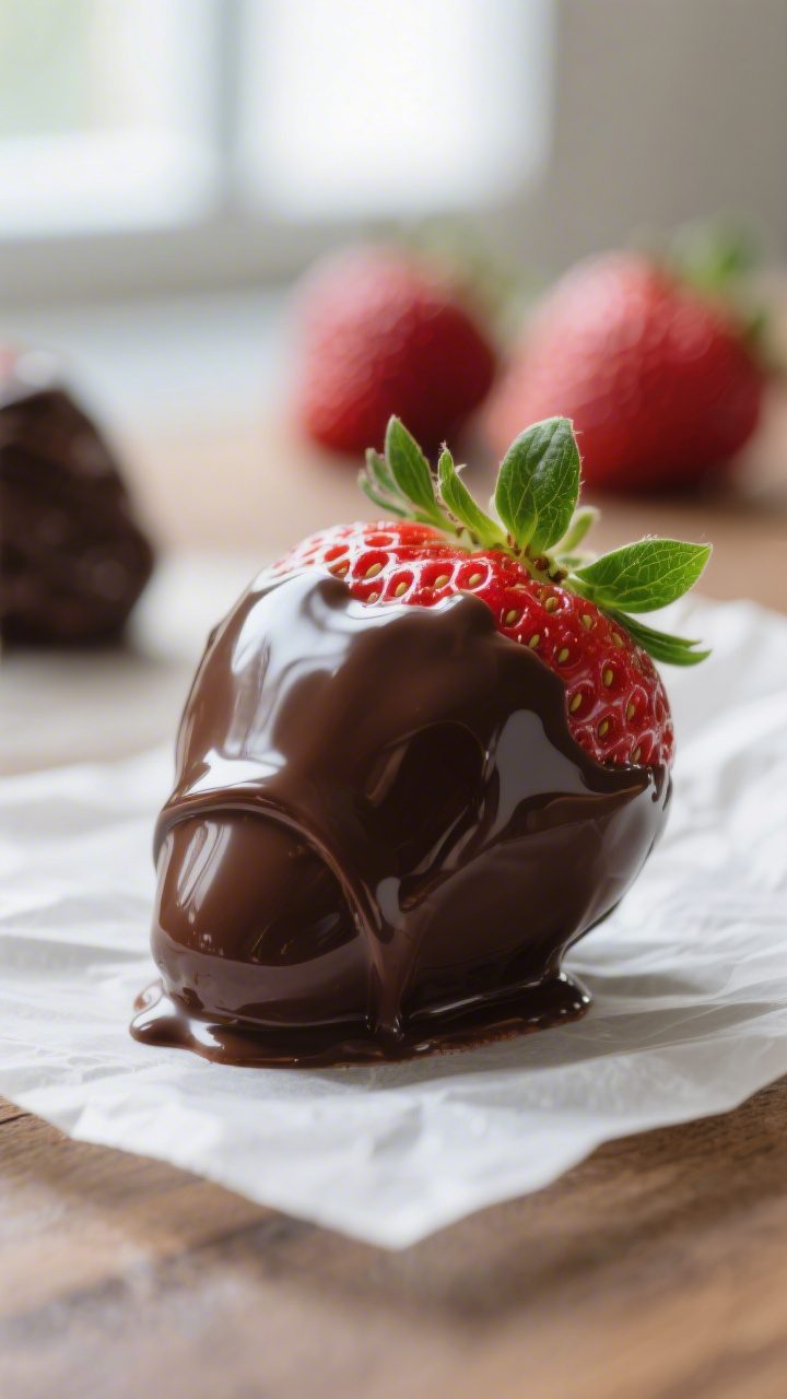 Close-up detail: A freshly dipped chocolate-covered strawberry set on parchment, 3/4 coated in gloss
