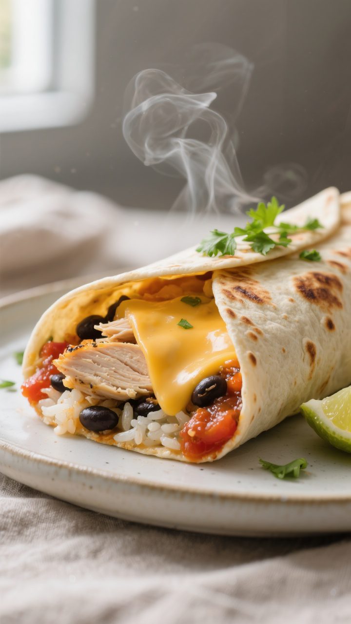 Close-up detail: A freshly seared chicken and cheese burrito cut on the bias, showing gooey melted M