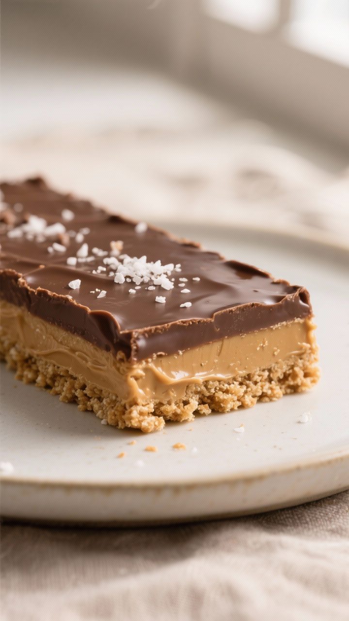Close-up detail: A freshly sliced no-bake chocolate peanut butter bar with clean, sharp layers—com