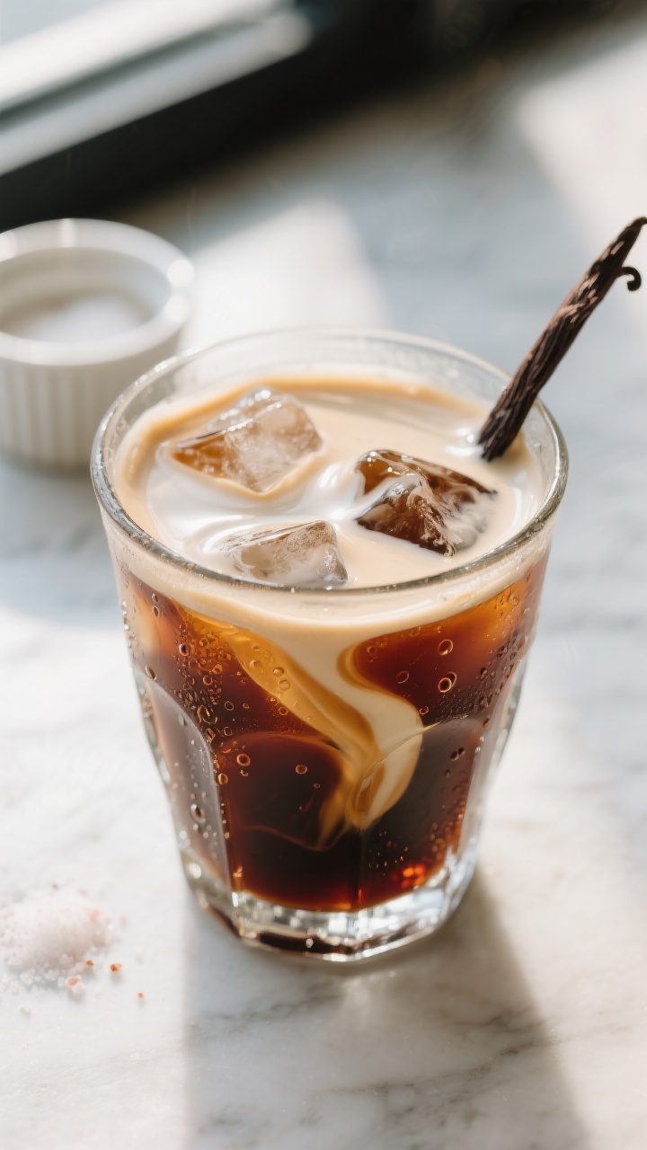 Close-up detail: A glass of creamy vanilla cold brew just after stirring, showing silky cream ribbon