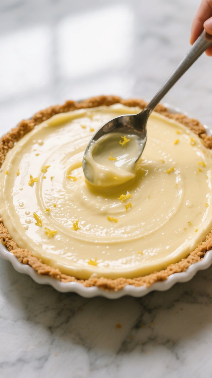 Close-up detail: A glossy, ultra-creamy no-bake lemon filling being spooned and smoothed into a chil