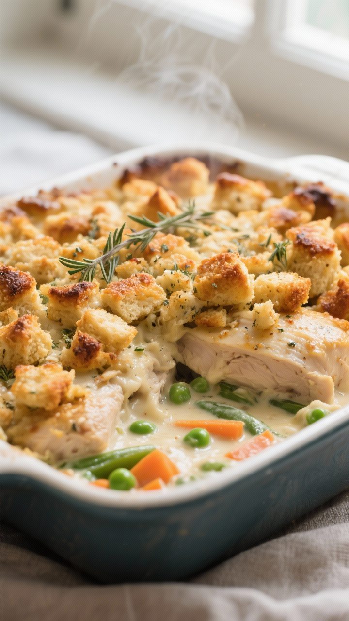 Close-up detail: A golden-brown topping of baked herb stuffing over creamy chicken casserole, captur
