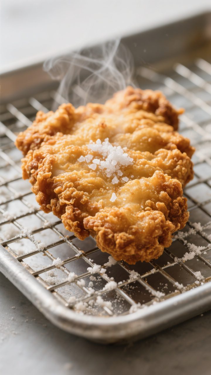 Close-up detail: A golden, freshly fried chicken cutlet resting on a wire rack over a sheet pan, ste