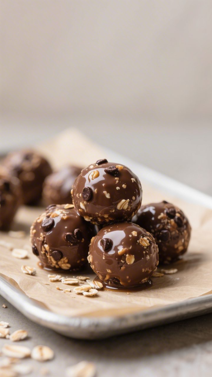 Close-up detail: A handful of glossy Chocolate Peanut Butter Energy Bites just rolled, walnut-sized