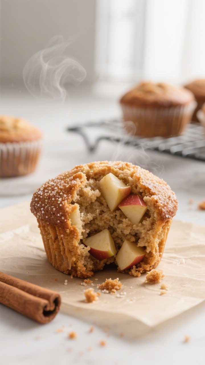Close-up detail: A just-baked apple cinnamon muffin torn open to reveal moist, tender crumb with glo