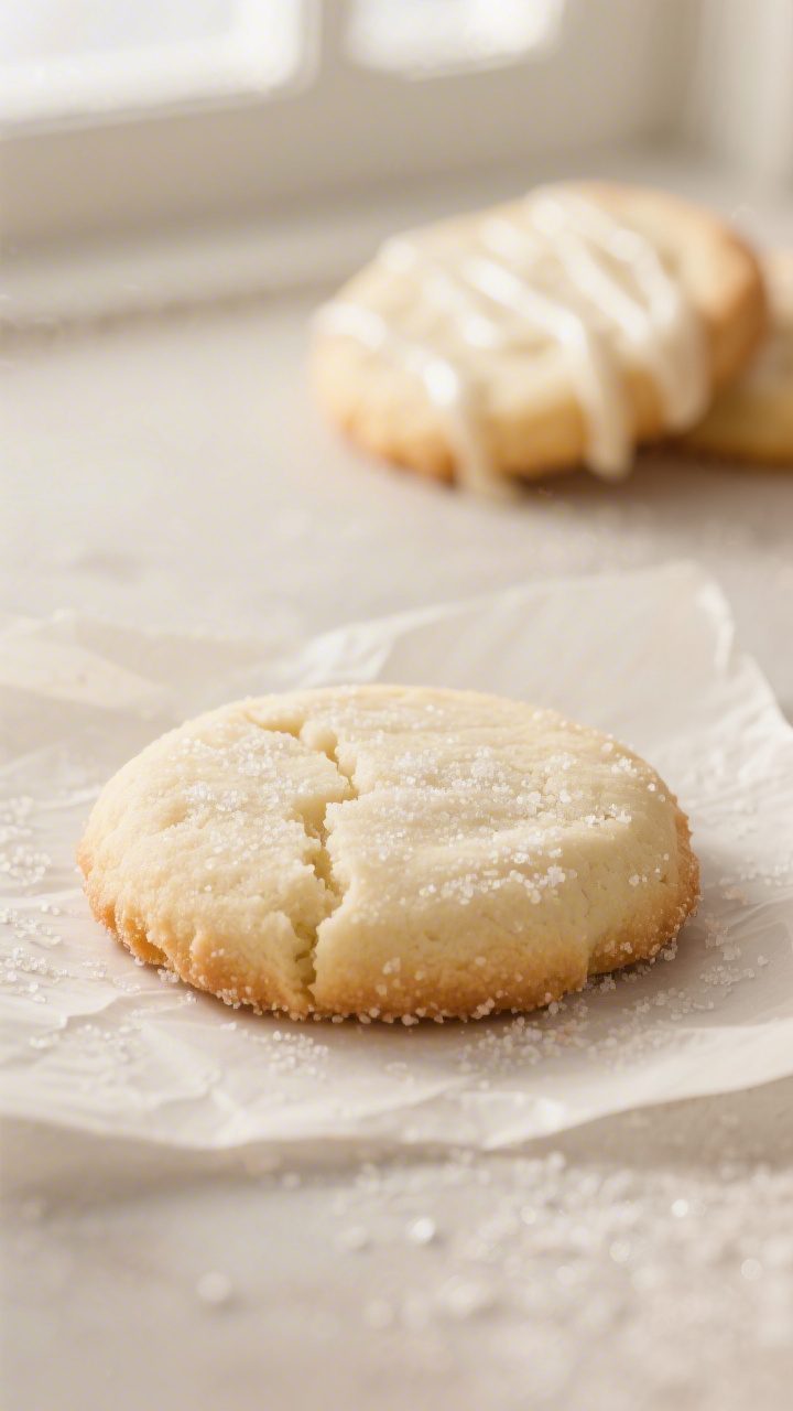 Close-up detail: A just-baked sugar cookie resting on parchment, pale with lightly set, barely golde