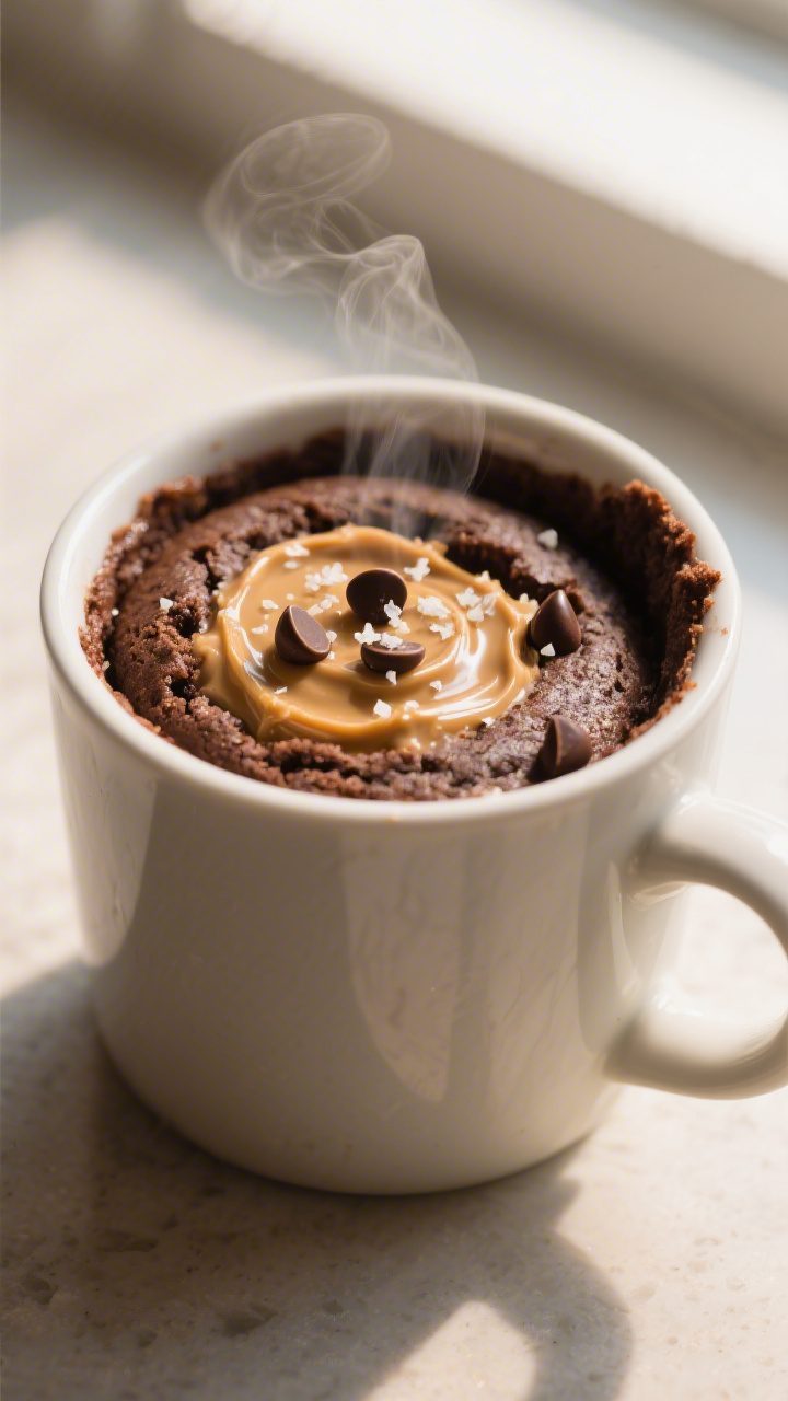 Close-up detail: A just-cooked chocolate peanut butter mug cake in a 12–14 oz ceramic mug, edges s