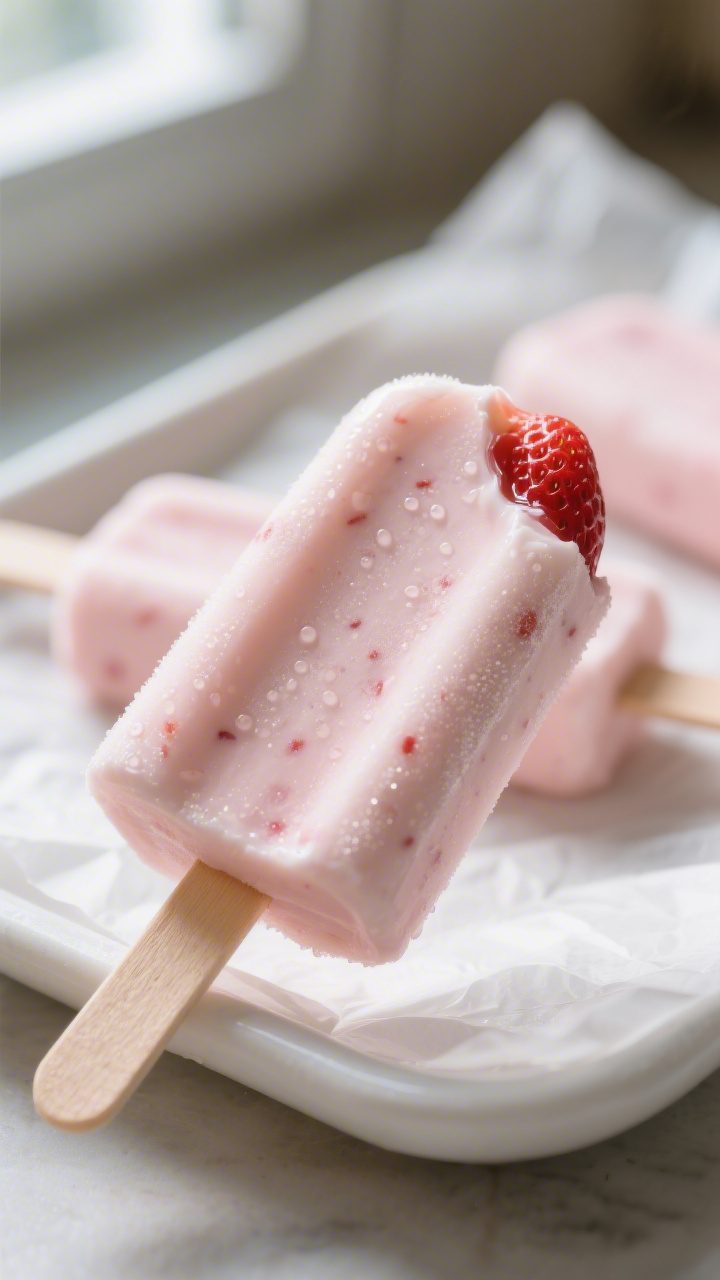 Close-up detail: A just-unmolded Strawberry Yogurt Popsicle with a naturally pale-pink, creamy finis