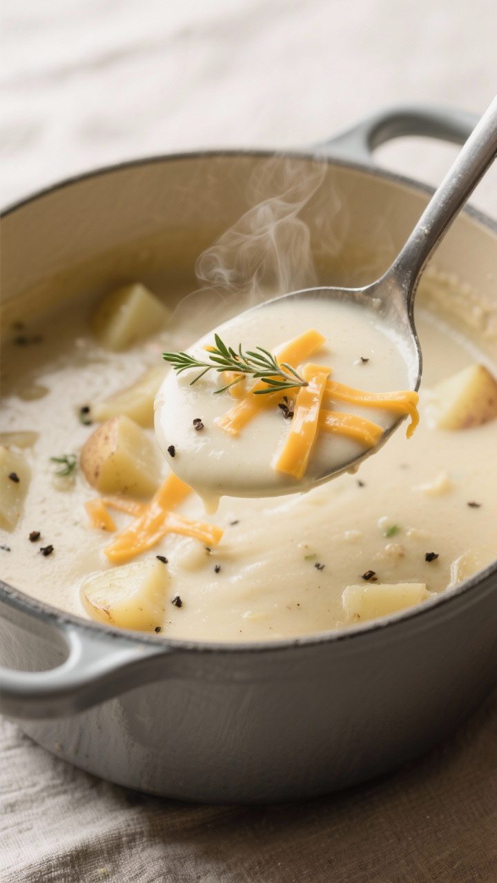 Close-up detail: A ladle lifting creamy potato soup from a Dutch oven mid-simmer, showing silky text