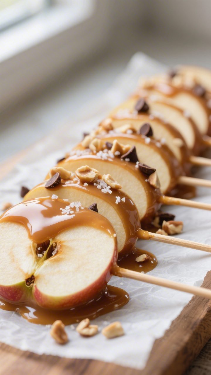 Close-up detail: A row of chilled caramel-coated apple slices on parchment, each on a wooden stick,