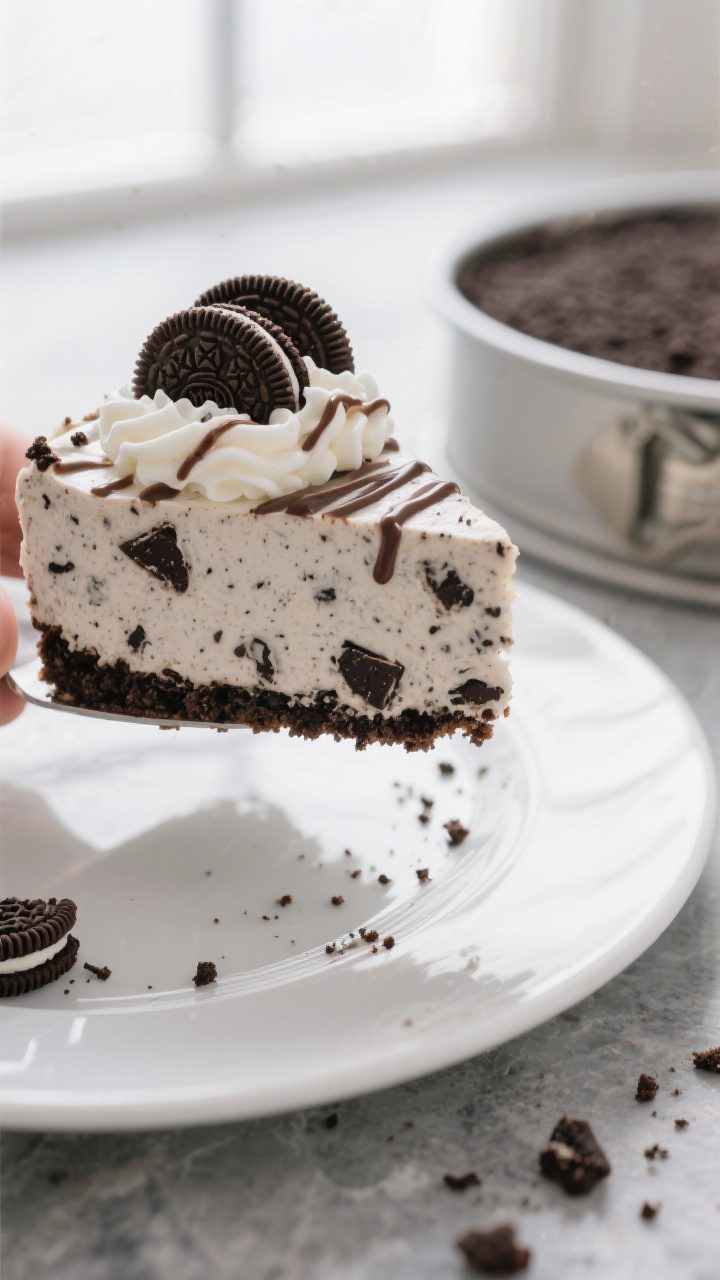Close-up detail: A silky slice of no-bake Oreo cheesecake being lifted from a 9-inch springform base