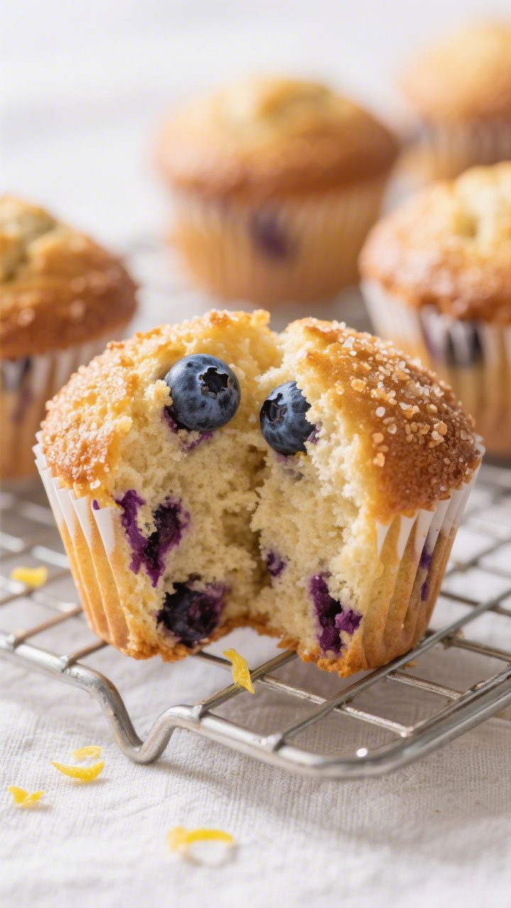 Close-up detail: A split-open bakery-style blueberry muffin on a cooling rack, showcasing a moist, t