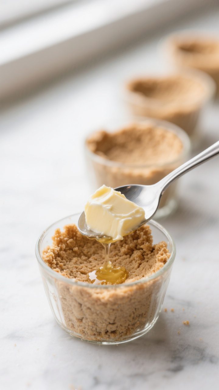 Close-up detail: A spoon gently pressing a buttery graham cracker crust into the base of small clear