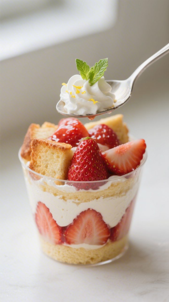Close-up detail: A spoon scooping into a layered strawberry shortcake dessert cup, showing toasted p