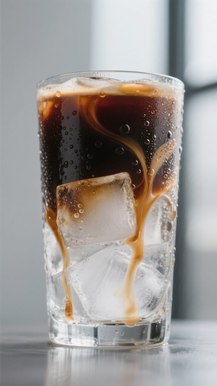 Close-up detail: A tall chilled glass packed with fresh, hard ice as silky simple syrup streams down