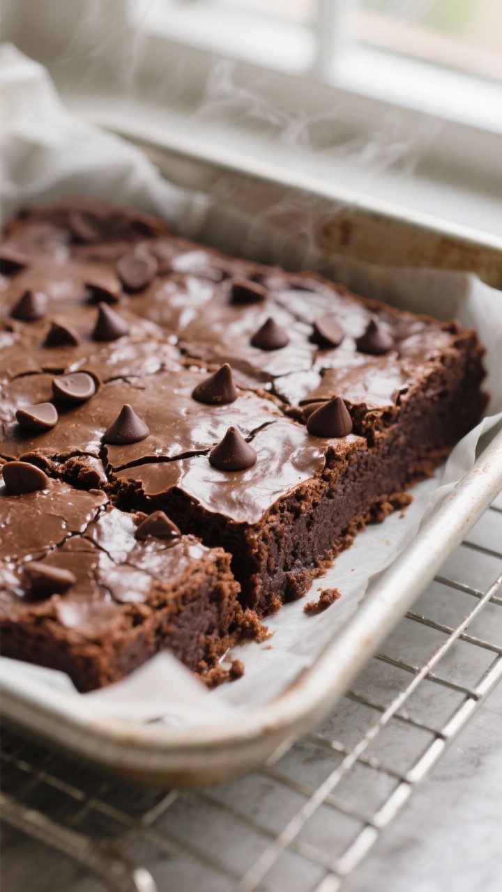 Close-up detail: A tray of freshly baked fudgy chocolate brownies still in the parchment-lined 8-inc