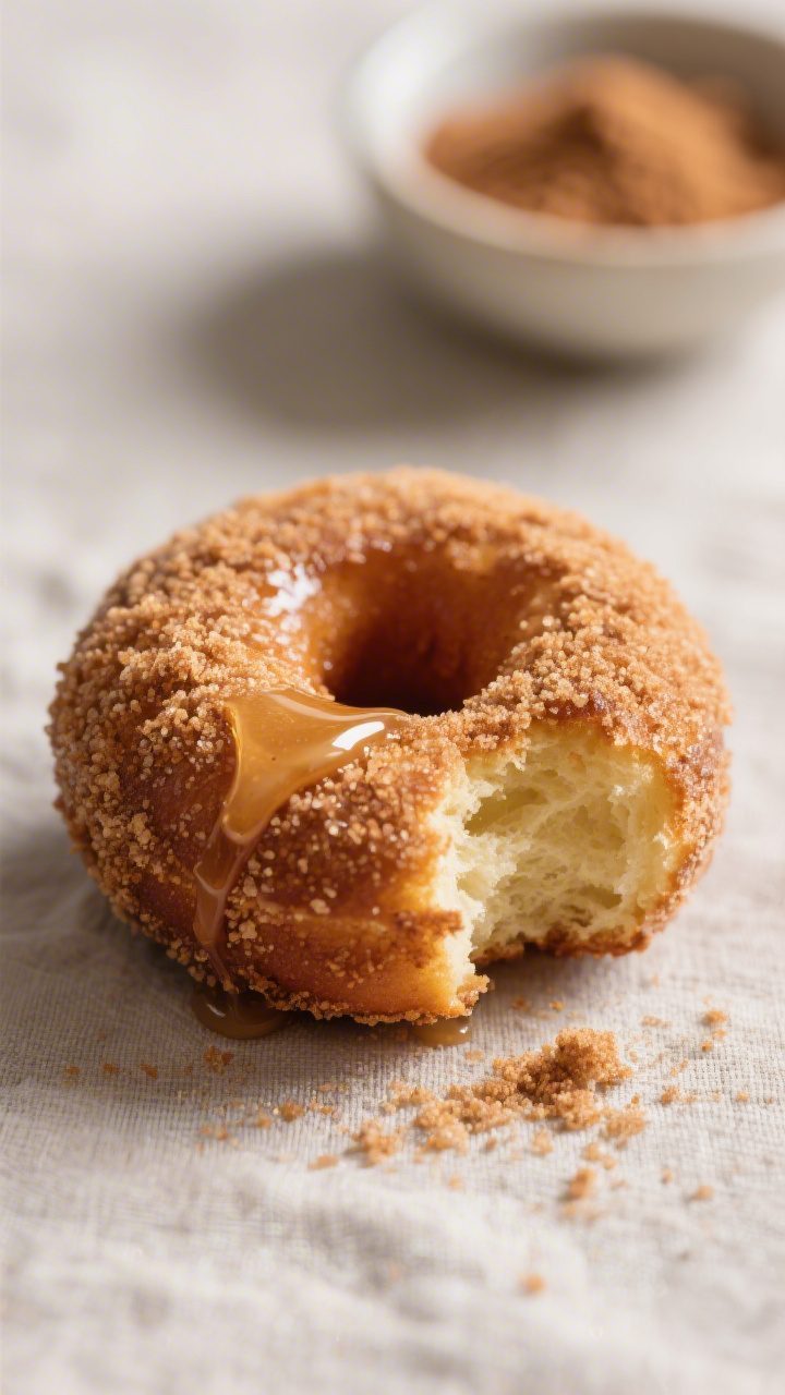 Close-up detail: A warm baked cinnamon sugar donut hole just coated, glistening with a light brush o