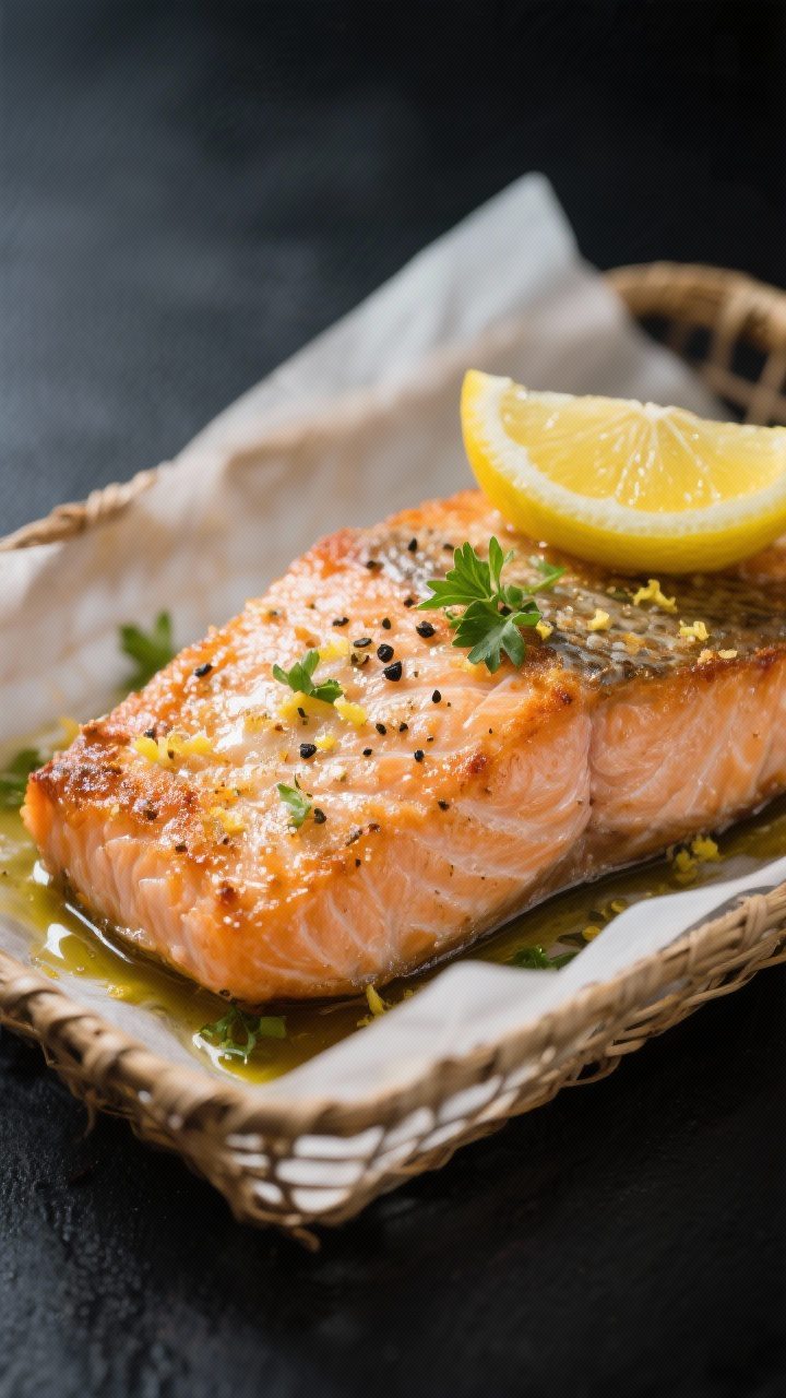 Close-up detail: Air-fried lemon pepper salmon fillet just out of the basket, skin-side down, showin