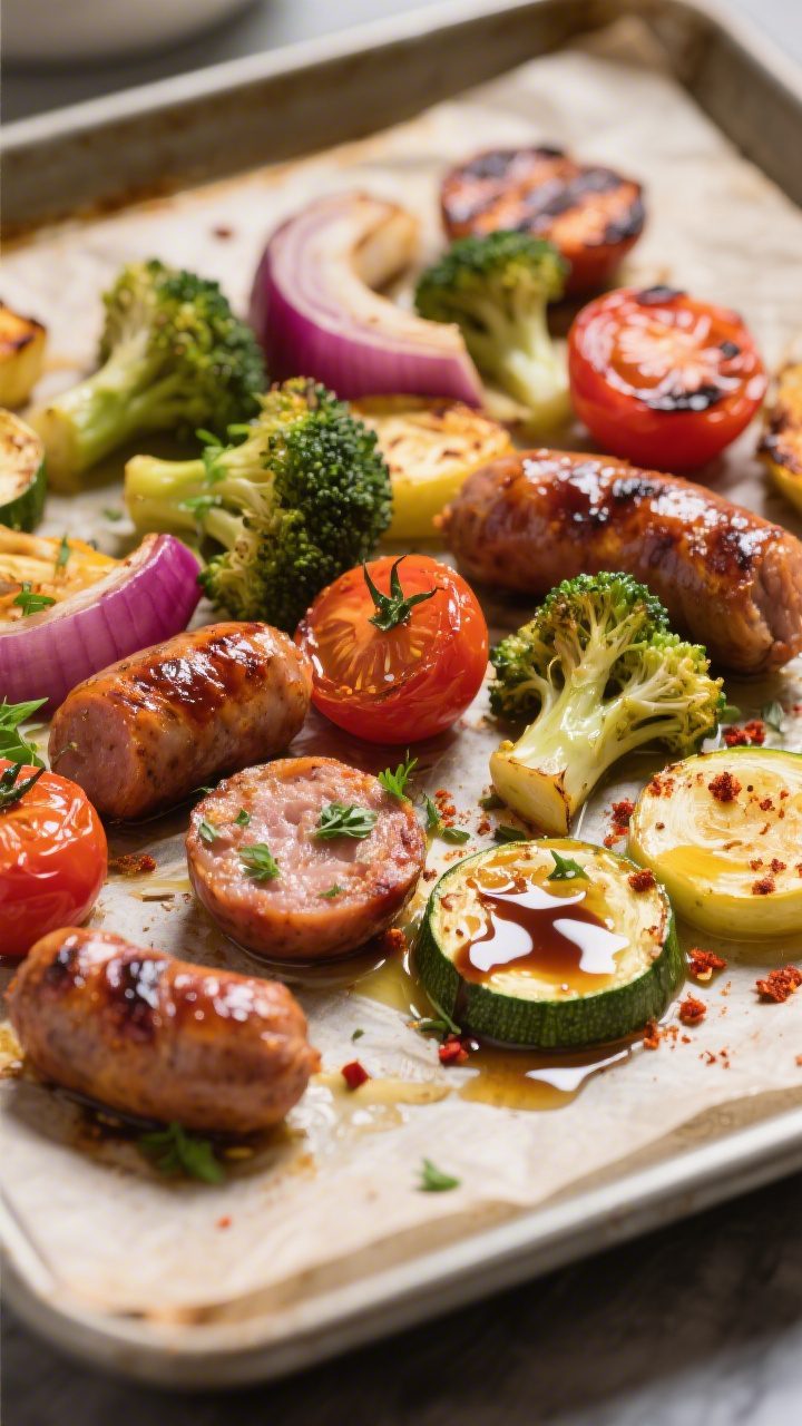 Close-up detail: Caramelized sausage coins and roasted veggies just out of the oven on a parchment-l