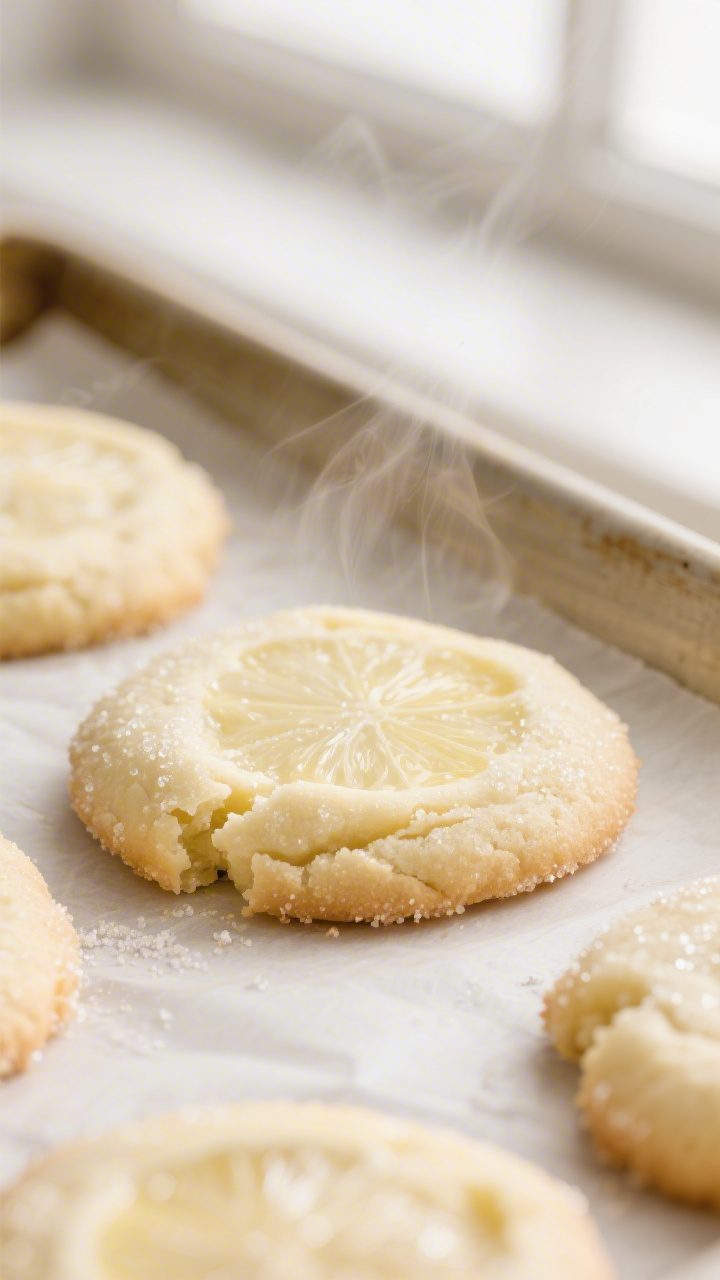 Close-up detail: Chewy lemon sugar cookies just out of the oven, pale and glossy with delicate sugar