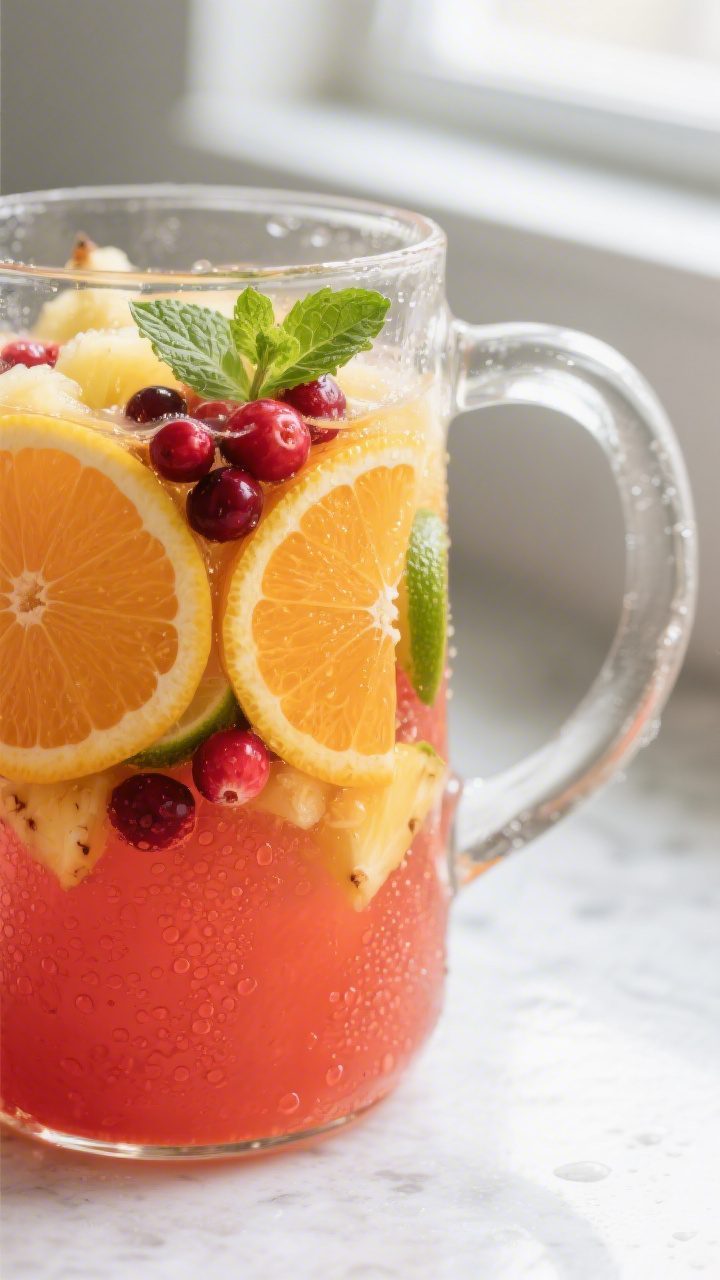 Close-up detail: Chilled homemade fruit punch mid-infusion in a clear glass pitcher, showing thin wh