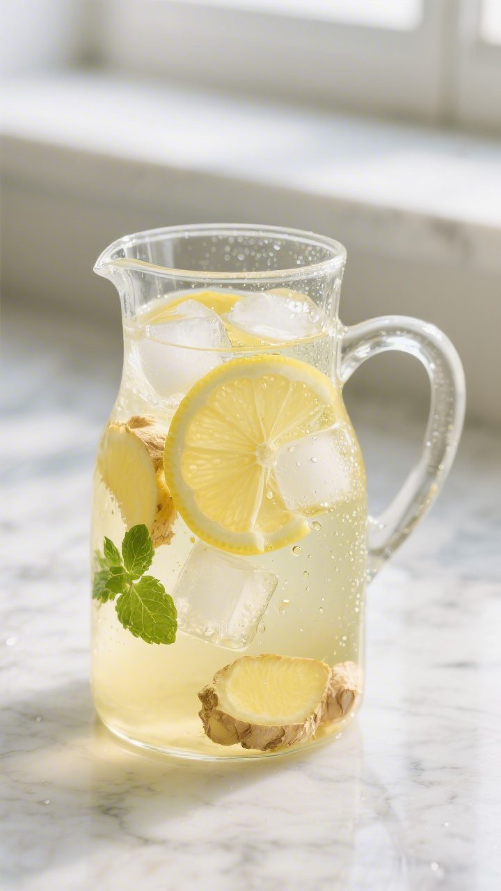 Close-up detail: Chilled lemon ginger detox water mid-infusion in a clear glass pitcher, thin lemon