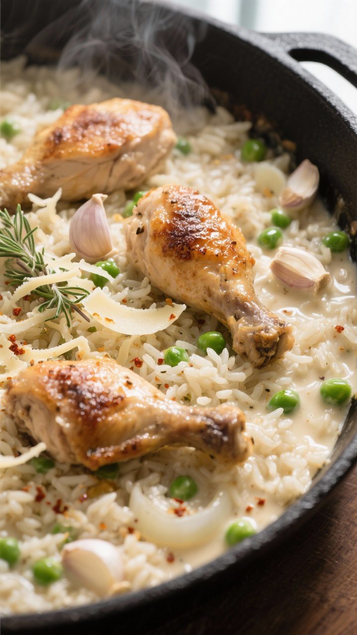 Close-up detail: Creamy garlic chicken and rice just after finishing, showing tender browned chicken