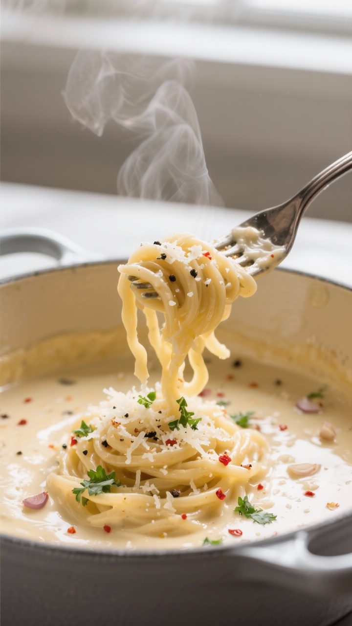 Close-up detail: Creamy Parmesan pasta twirled on a fork above a glossy pool of sauce in the pot, sh