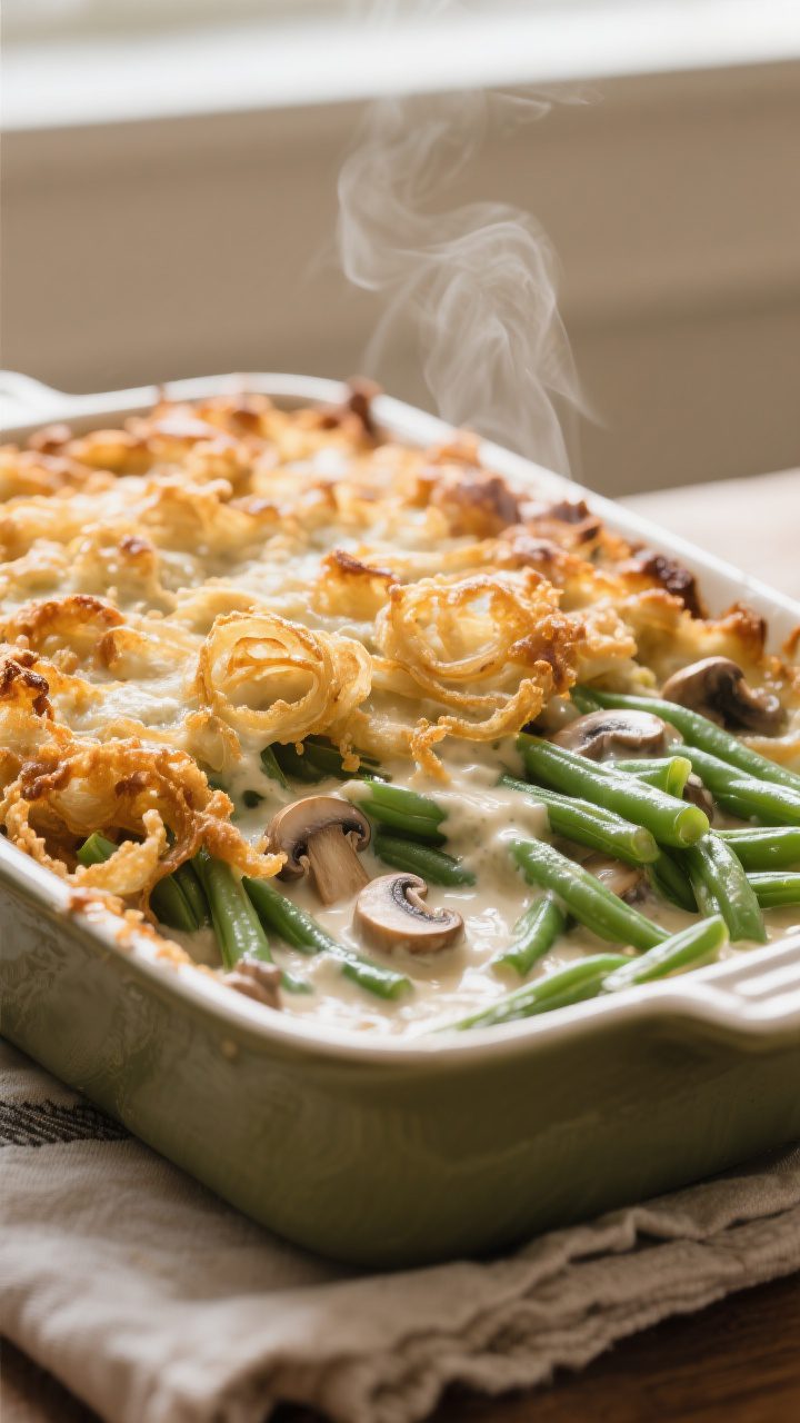 Close-up detail: Crisp-topped green bean casserole just out of the oven, showing bubbling creamy mus