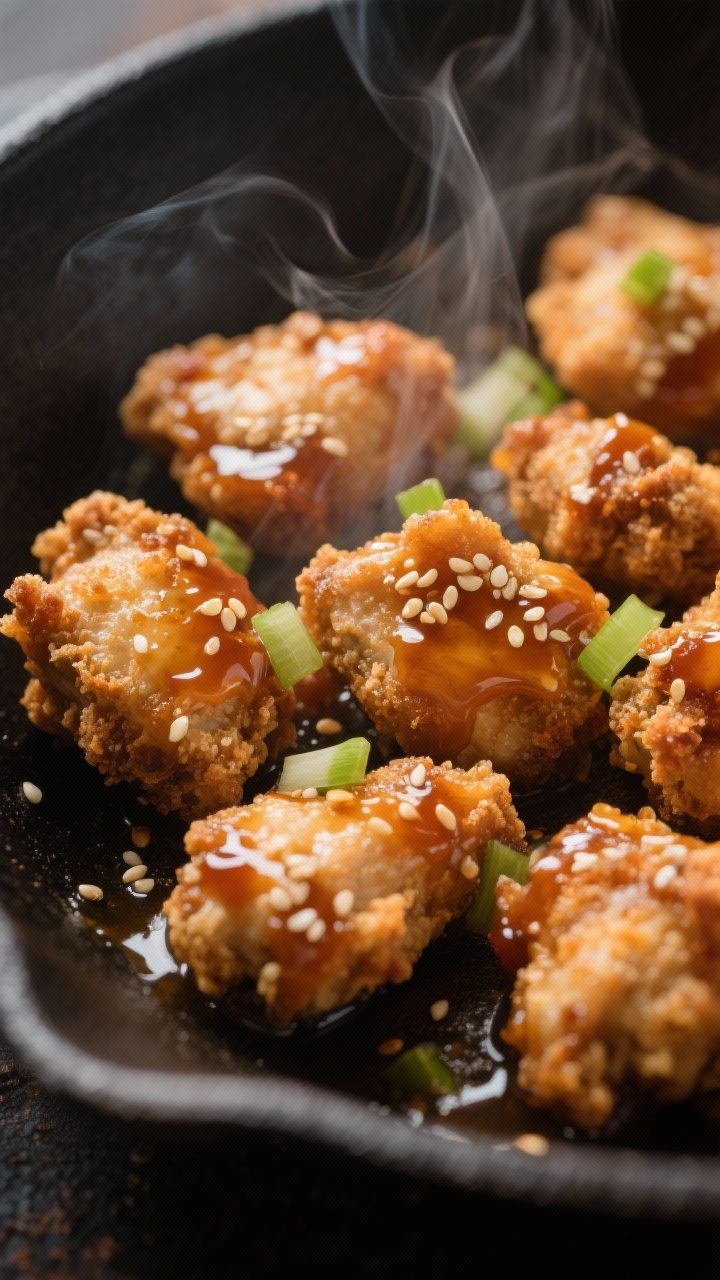 Close-up detail: Crispy air-fried honey garlic chicken bites just after tossing in glossy sauce, gli