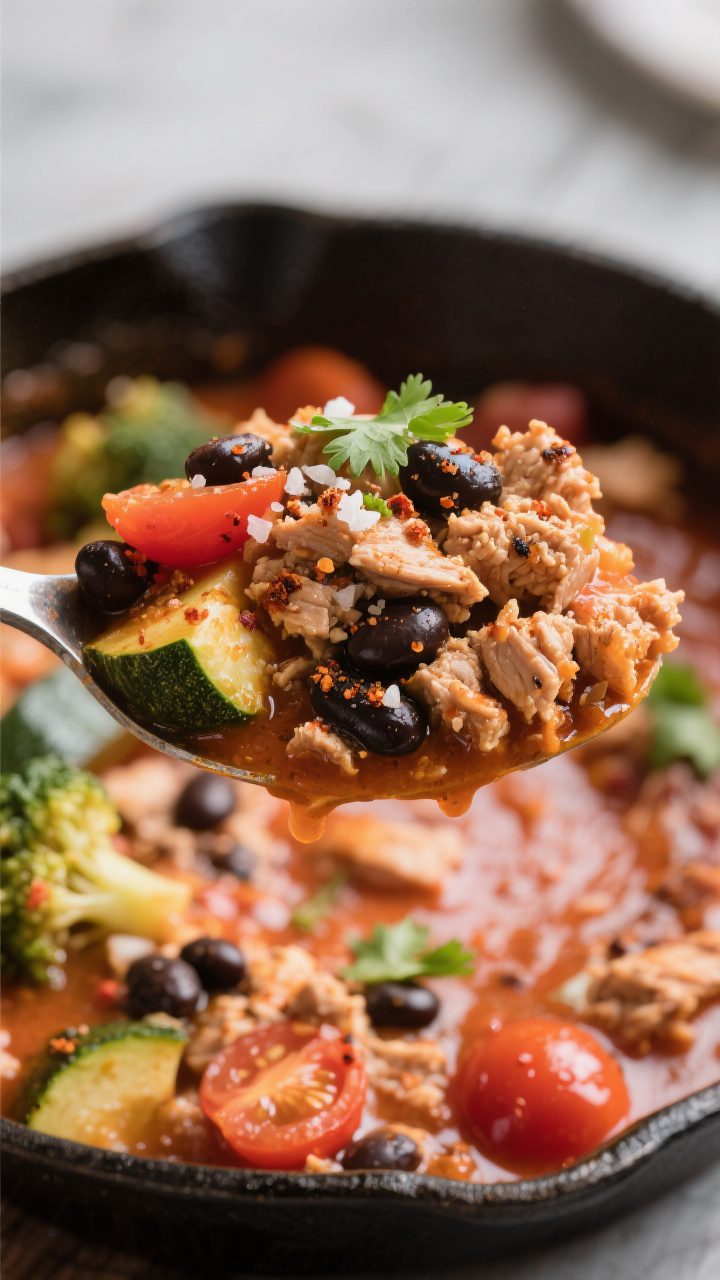 Close-up detail — Extreme close-up of a heaping spoonful of the skillet dish: juicy turkey crumble
