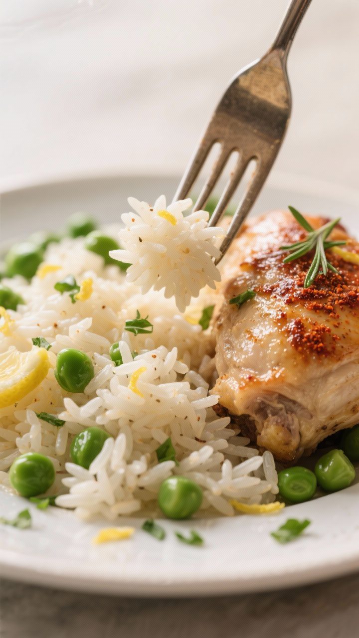 Close-up detail, finishing step: Tight macro of fluffy long-grain rice being fluffed with a fork bes