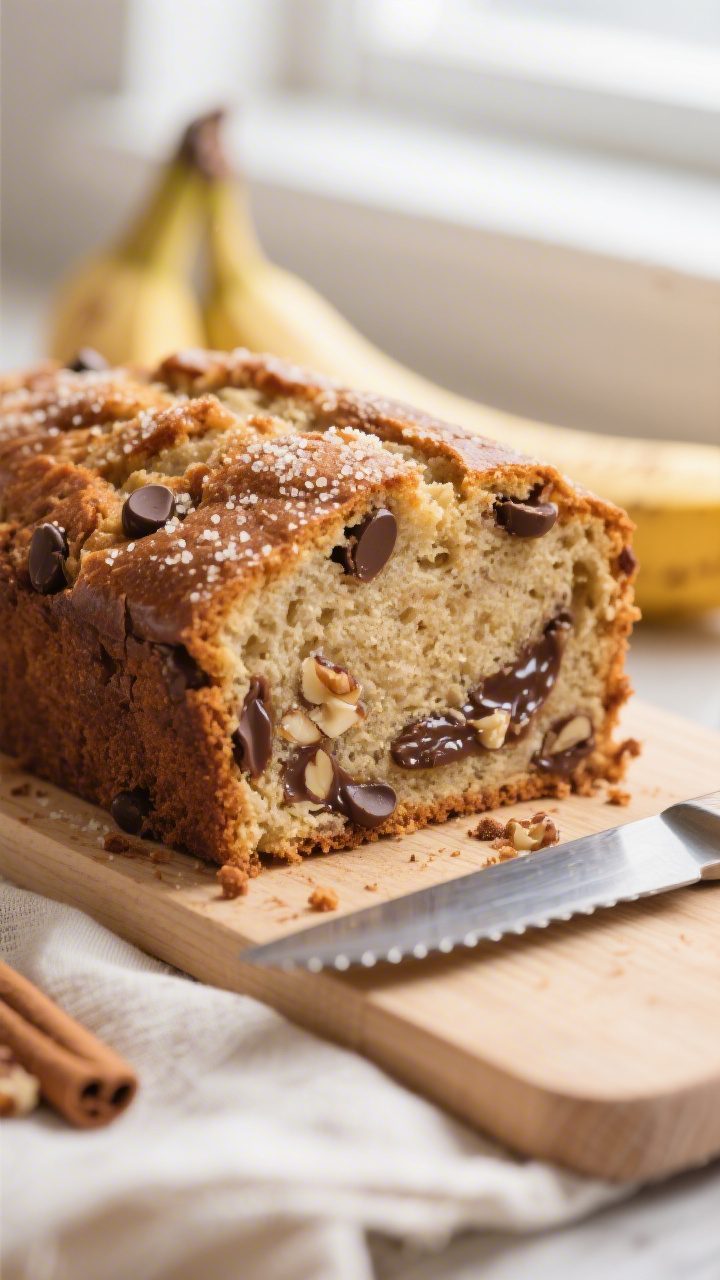 Close-up detail: freshly baked banana bread slice with a moist, tender crumb and glossy melted semis