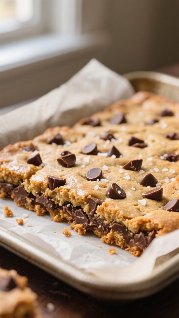 Close-up detail: Freshly baked chocolate chip cookie bars just out of the 9x13 pan, edges golden and