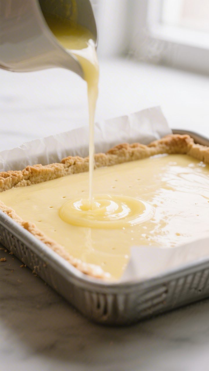 Close-up detail: Freshly baked shortbread crust pressed into a parchment-lined 9x13-inch metal pan,