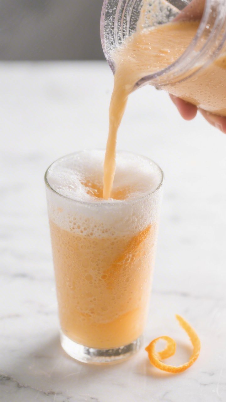 Close-up detail: Freshly blended Orange Julius being poured from a frosty blender jar into a chilled