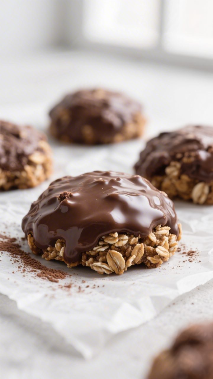 Close-up detail: Freshly scooped no-bake chocolate oatmeal cookies just set on parchment, glossy fud