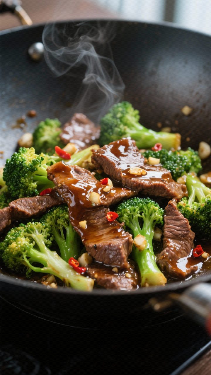 Close-up detail: Glazed beef and broccoli just after saucing in a wok, beef slices seared and carame