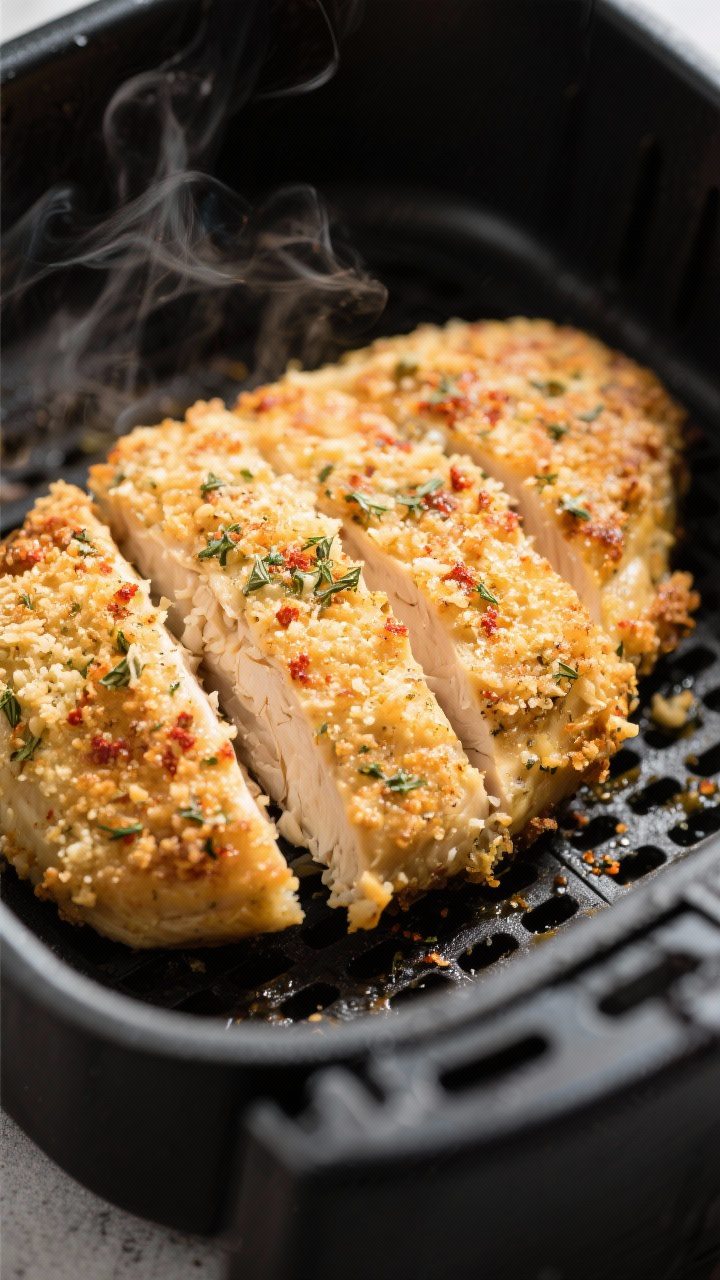 Close-up detail: Golden, air-fried garlic Parmesan chicken breast just out of the basket at 380°F,